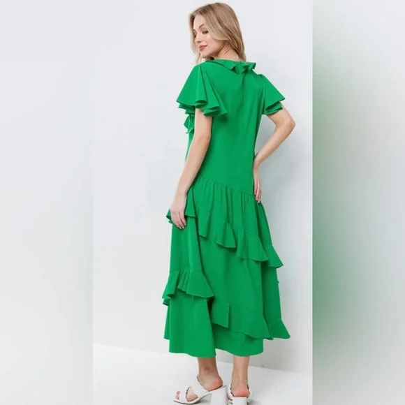 V-Neck Solid Ruffle Detail Midi Dress - Picture 3 of 8